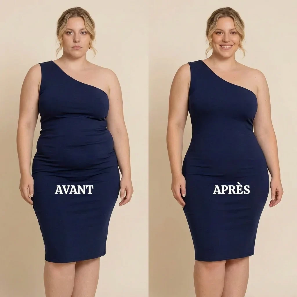 Avant / après sous une robe bleu marine avec la culotte Belayan