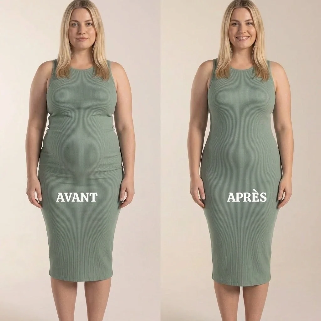 Avant / après sous une robe verte moulante avec la culotte Belayan